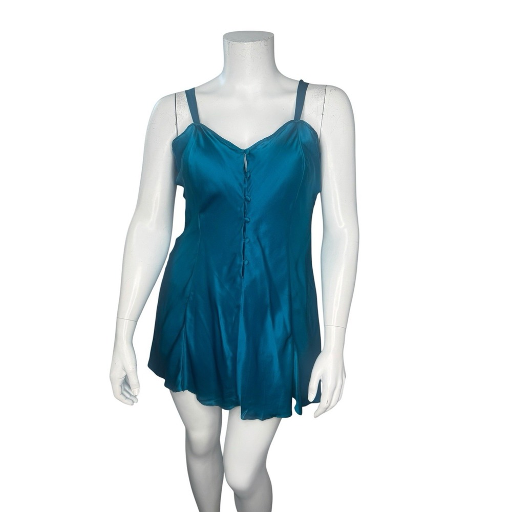 Babydoll Slip Dress 100% Silk XL Lingerie Nightie Teal Blue Button Front Mini